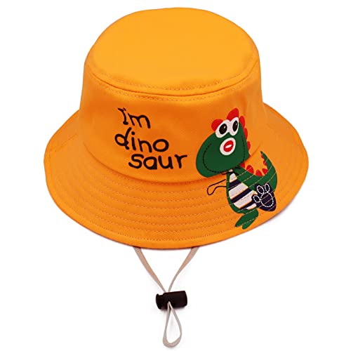 FenFang Chapeau de Soleil Enfant, Casquette de Plage Bebe Chapeau de Pêcheur Garçon Fille, Coton Chapeau Bob Bord Large UV Protection, Chapeaux de Seau Dinosaure Printemps Été 1 2 3 4 5 Ans (Orange) Cover