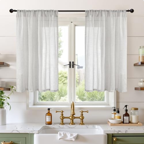 Image of BGment Light Grey Linen Curtains 40 Inch Length - Rod Pocket Kitchen Drapes Light Filtering for Bathroom Window Lightweight, 2 Panels Set, 42 X 40 Inch
