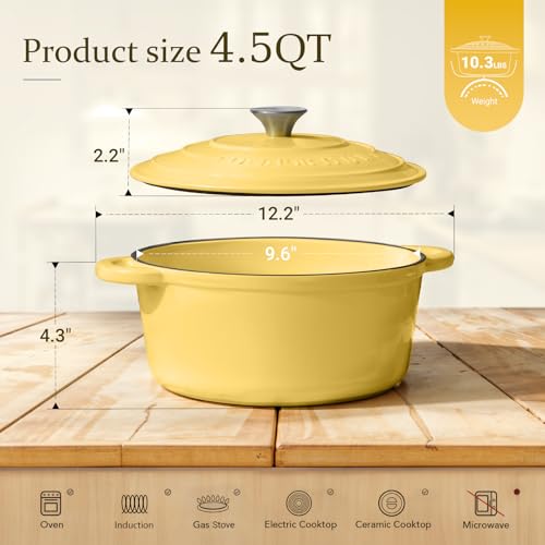 Image of Overmont Enameled Cast Iron Dutch Oven - 4.5QT Pot with Lid Cookbook & Cotton Potholders - Heavy-Duty Cookware for Braising, Stews, Roasting, Bread Baking GooseYellow