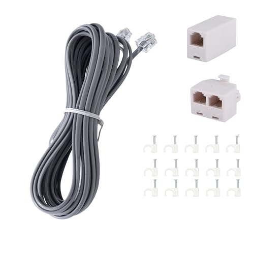 ZTOXLR Phone Extension Cord 15 FT Long Phone Cable Line Wire, with Standard RJ11 Plug andIncludes Telephone Inline Coupler RJ11 Splitter and 15 Cable Clip Holders, Grey