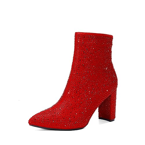 DREAM PAIRS Women's Chunky Heel Ankle Booties Pointed Toe Short Boots,Size 8,Red-Rhinestone,SIANNA