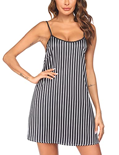 Ekouaer Women's Sleepwear Sexy Nightgown Short Chemise Satin Pajamas Dress Silk Nighty(Black,X-Large)