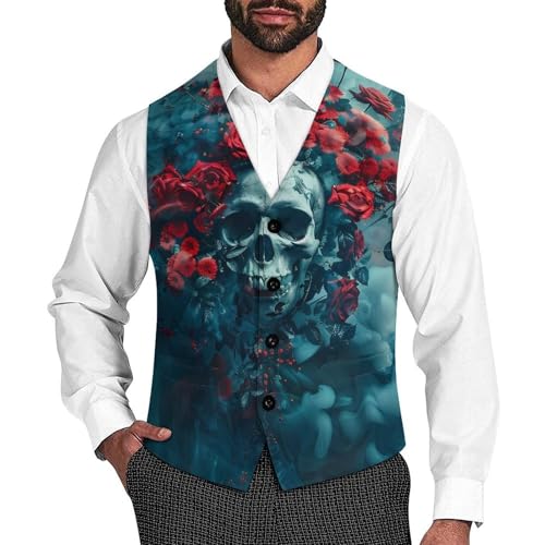 Rose Skull Men's Suit Vest Waistcoat Vests Formal Dress with 2 Pockets for Business Casual Tuxedo