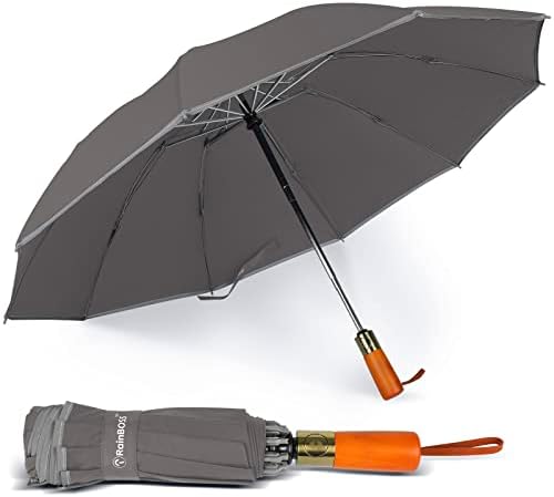RainBOSS Automatic Travel Umbrella with 10 Ribs, Large Windproof Umbrellas for Rain & Sun, Compact Folding Inverted Umbrella with Reflective Stripe, Wooden Handle (Gray)