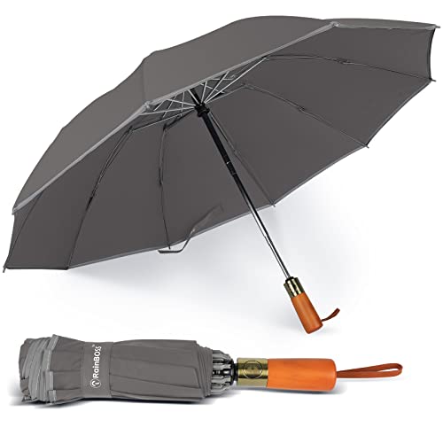 Rainboss Automatic Travel Umbrella With 10 Ribs, Large Windproof Umbrellas For Rain & Sun, Compact Folding Inverted Umbrella With Reflective Stripe, Wooden Handle (Gray) #TOP14