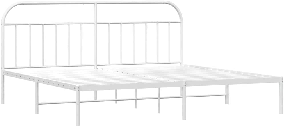 White Powder-Coated Steel Bed Frame with Headboard 76 x 80 in Platform Foundation for Bedroom, Durable Sturdy Nonslip Industrial Minimalist Furniture with Storage