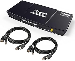 TESmart 2 Port HDMI KVM Switch, Monitor Switch for 1 Monitors 2 Computers, UHD 4K@60Hz RGB 4:4:4, USB 2.0 Hub, Stereo Audio, Hotkey, Button Switching, PC Keyboard Mouse Switches Box with 5ft Cables