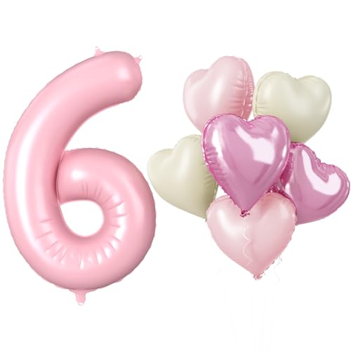 Biapian 40 Inch Pink 6 Balloons, Big Light Pink Number 6 Balloon with 18 Inch Pastel Baby Pink Cream Foil Heart Balloons Helium for Girls 6th Birthday Party Baby Shower Princess Party Decorations