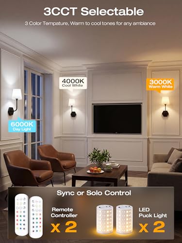 Image of CLOUDY BAY 10000mAh Battery Operated Wall Sconces,Up to 100 Hours with Rechargeable RGB Dimmable Magnetic Bulb,Cordless Wall Lighting Fixtures with Remote for Bedroom,Black,2 Pack-17.9in