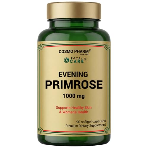 COSMO PHARM Evening Primrose Oil 1000 mg 90 Softgels Cold Pressed Plant-Based Oil Omega-6 Source Non-GMO No Dairy Soy or Preservatives