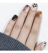 FURUBETA Press on Nails Short Square French Fake Nails Full Cover Brown Grid Acrylic Nails for Wo...