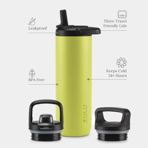 Image of ZULU Base 24oz Stainless Steel Water Bottle with 3 Lids- Straw, Chug, Twist | Double Walled and Vacuum Insulated Metal Thermos | Fits Car Cupholder, Built in Carry Loop, Dishwasher Safe, Guac