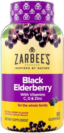 Zarbee's Immune Support Gummies for The Whole Family, Elderberry, Vitamins C, D & Zinc, Natural Berry, 90 Count