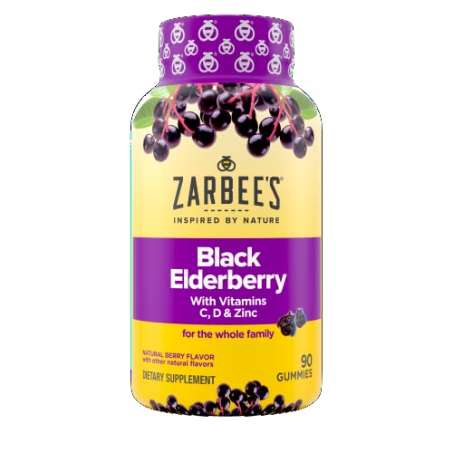 Zarbee's Immune Support Gummies for The Whole Family, Elderberry, Vitamins C, D & Zinc, Natural Berry, 90 Count