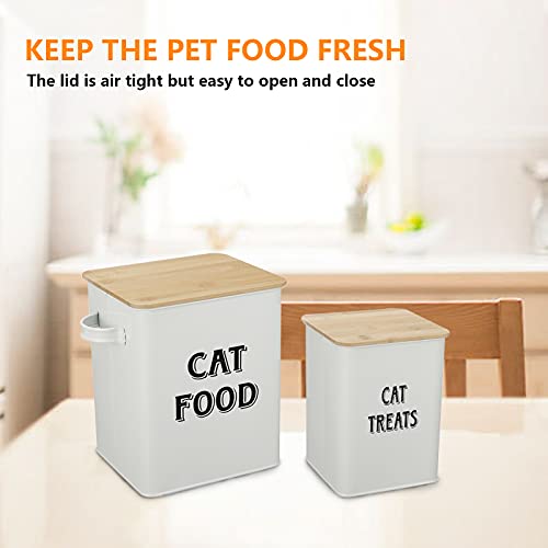 Cat Food And Treats Containers Set With Scoop For Cats Or Dogs -Tight Fitting Wood Lids - Coated Carbon Steel - Storage Canister Tins-Cat-White #TOP4