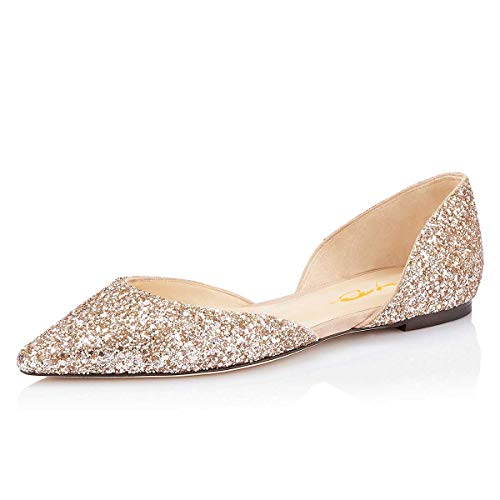 XYD Women's Fashion Glitter Ballet Flats Closed Pointed Toe Dorsay Shoes Low Heel Slip on Casual Cocktail Party Wedding Pumps