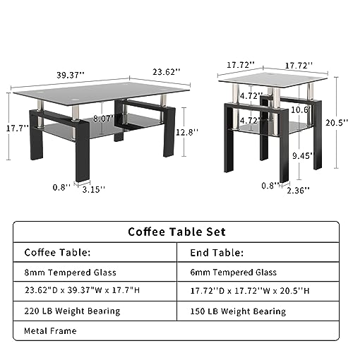 All Black Glass Coffee Table Set of 3 Piece, Living Room Table Set of 3 Pcs, Black Glass Coffee Table and End Table Sets, Metal Legs, Tempered Glass