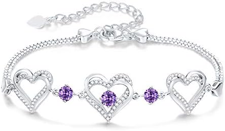 CDE Heart Women Bracelets Birthstone Jewellery for Women 925 Sterling Silver Charm Bracelet Adjustable Wedding Anniversary Birthday Jewelry Gifts for Her Girls Wife Girlfriend