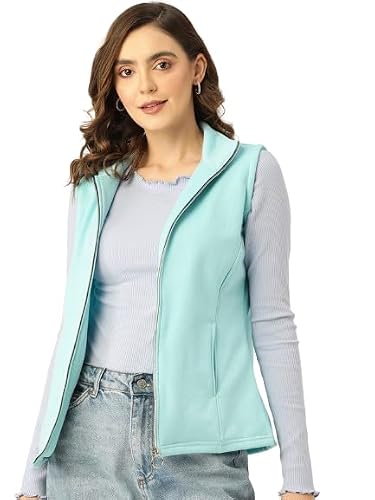 BRINNS Women's Cotton Blend Standard Length Turquoise Blue Solid Sleeveless Jacket- XL