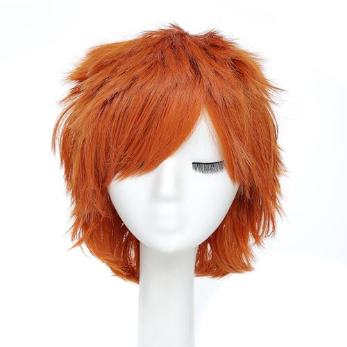 Rose bud Anime Halloween Dark Orange Wig for Cosplay Party Synthetic Layered Short Hair Wigs with Bangs Pastel Funny Wigs for Women Men