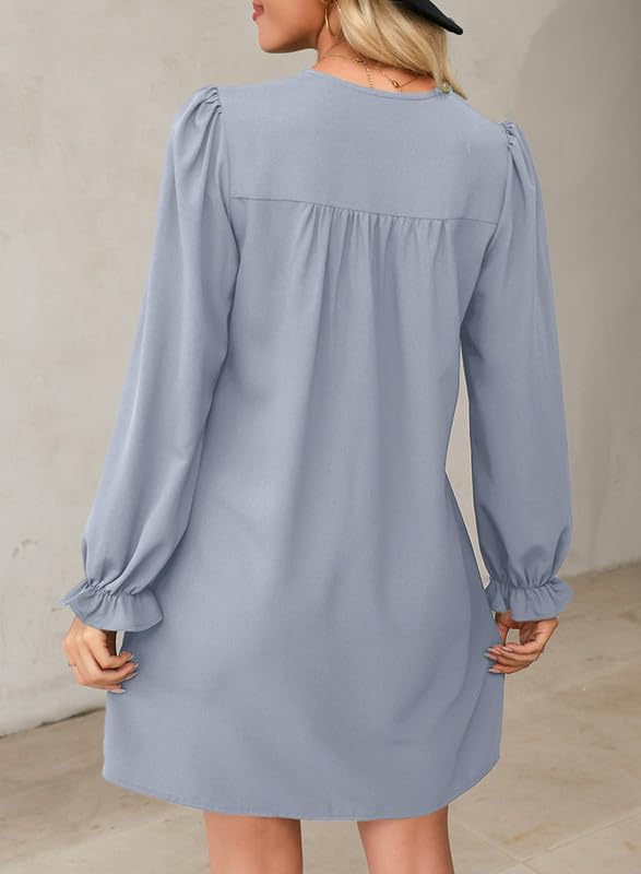 Image of Dokotoo Womens Casual Dress A-Line Ruffle Sleeve V Neck Midi Dress 2025 Fashion Pleated Flowy Sundress Loose Shirt Dresses