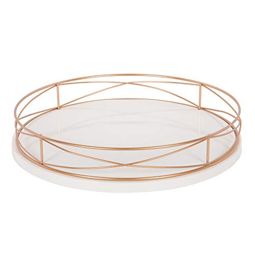 Kate and Laurel Mendel 14 Inch Round Tray with Decorative Metal Rim, White and Rose Gold