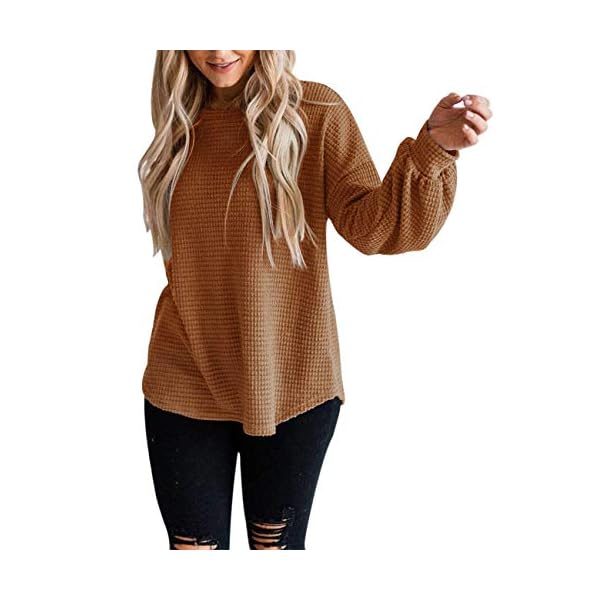 MEROKEETY-Womens-Long-Balloon-Sleeve-Waffle-Knit-Tops-Crew-Neck-Oversized-Sweater-Pullover MEROKEETY Women's 2023 Fall Long Balloon Sleeve Waffle Knit Tops Crew Neck Oversized Sweater Pullover, Brown, S