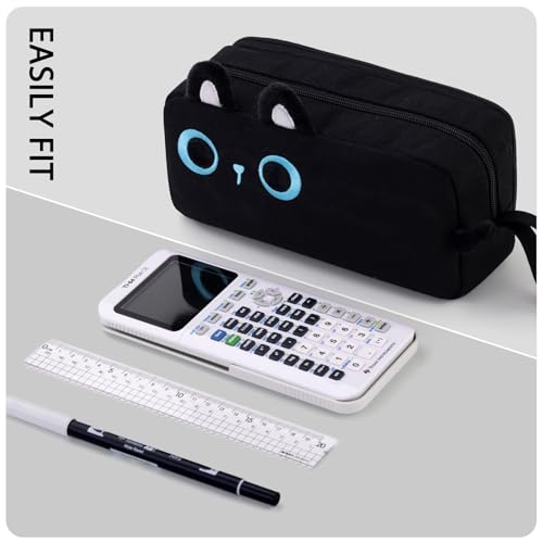 Image of CICIMELON Cartoon Pencil Case, Large Capacity Pen Pouch with Embroidered Animal Design, School Supplies Bag for Kids, Teens, Students (Black Cat)