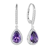 FJ Teardrop Dangle Amethyst Earrings 925 Sterling Silver Leverback Drop Earrings February Birthstone Jewellery Gifts for Women Girls