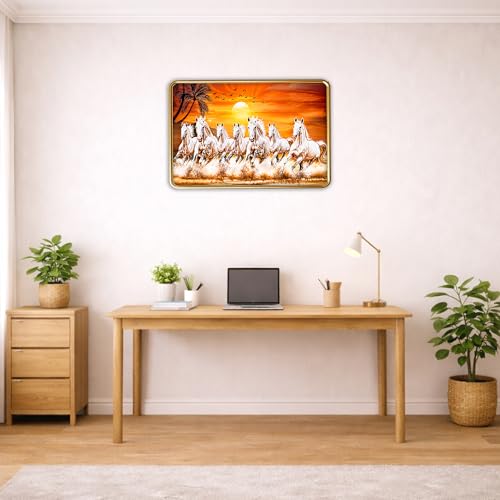 Image of XOPY Seven Running Horses Art with Golden Frame | Vastu 7 horses Raw Pyrite Painting for Home, Office & Living Room Wall Decore | 12X18 Inch Sparkle Laminated Frame | Best For Gifting (53312, 12X18)