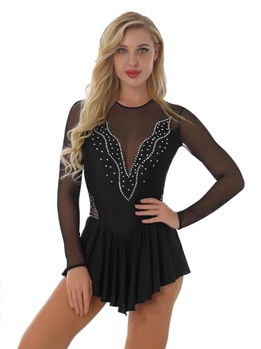 Freebily Abito da Pattinaggio Artistico sul Ghiaccio Donna Leotards con Strass Vestito Danza Classica Abito da Ballo Latino Ballerina Samba Rumba Salsa Jazz Danza Moderna Nero M