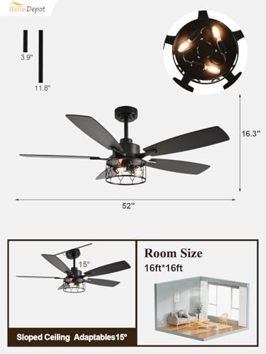 Image of Bella Depot 52 inch Black Modern Ceiling Fan with Lights and Remote