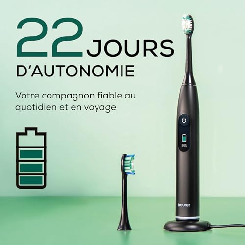 Beurer SC 50 Brosse à dents électrique sonique avec 5 modes de brossage et capteur de pression, 80 000 oscillations, écran avec indicateur de temps de brossage, 2 brossettes, boîtier 100% recyclé