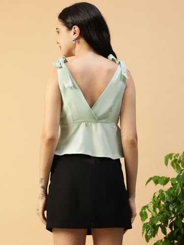Image of oxolloxo Women Solid V-Neck Tie-Up Detail Shoulder Strap Slub Fabric Peplum Top