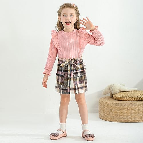 Image of Weixinbuy Toddler Girl Fall Winter Clothes Solid Long Sleeve Ribbed T-Shirt Knit Tops Plaid Button Mini Skirts Set Outfits