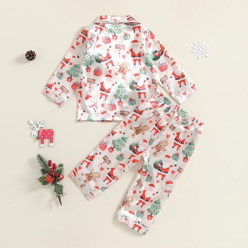 Multitrust Baby Girls Boys Silk Christmas Pajamas Set Santa Claus Long Sleeve Button Down Shirts and Pants Xmas Satin Pj Sets3
