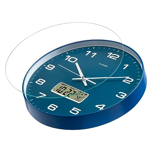 Wall Clock, 14" Large Dial Non-Ticking Silent Battery Operated Analog with LCD Display for Perpetual Calendar and F° Temperature, Ideal Modern Home, Bedroom, Kitchen, Office Decor (Blue)