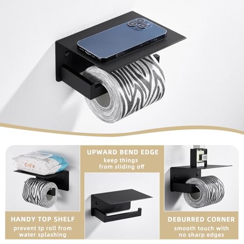 Image of Angle Simple Toilet Paper Holder with Shelf Matte Black, Tissue Roll Holder