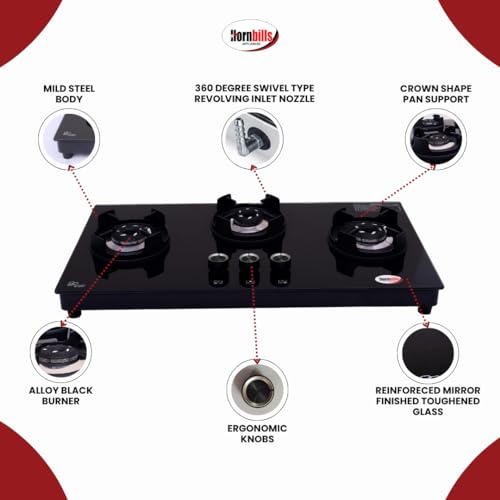 HORNBILLS 3 Burner HOB Design Mild Steel FRAME CROWN Pan Support Automatic With ALLOY BLACK BURNER - Image 6