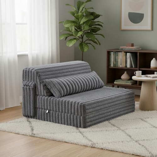 Image of Tiita Folding Sofa Bed Twin Size, Convertible Sleeper Chair Mattress with Pillow, Thick Corduroy Floor Mattress Couch Bed with Side Pocket, Guest Room, Dorm, Apartment, Grey