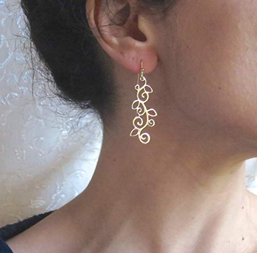 14k Gold Dangle Earrings, Gold earrings for women, Long gold Drop Earrings, Handmade, Solid Gold Bohemian Jewelry Unique gold earrings