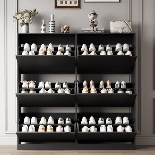 Image of Xixini Shoe Storage Cabinet for Entryway with 6 Flip Drawers, Sturdy Wood Hidden Shoe Storage, Freestanding Narrow Slim Shoe Organizer for Front Door Entrance, Living Room, Hallway, Bedroom, Black