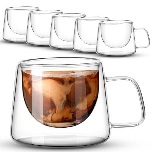 Rtteri HUN-RTTERI-3609 6 Pcs 6.8 Oz Double Wall Glass Coffee Mugs Clear Insulated Coffee Mugs With Square Handle Glass Coffee Cups Tea Cups Gift Set cover