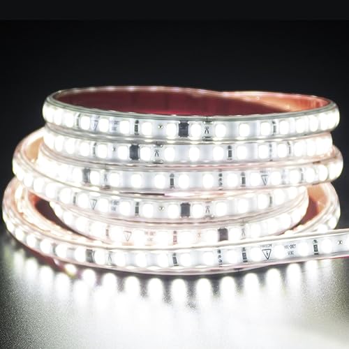 pcningled Outdoor and Indoor led Strip Light 220V IP67 Waterproof 5M (16.4ft) 120 LEDs/m SMD 2835 6000K Self-Adhesive with UK Plug1.8M Switch for Kitchen Bedroom Hallway Wardrobe，etc(5, Cold White)