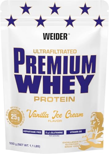 Weider Premium suero de leche Protein Powder - Alto Contenido De Proteínas, Bajos Carbohidratos y Baja Grasa Con L-Glutamina y Vitamina B6-500 g - Helado de Vainilla