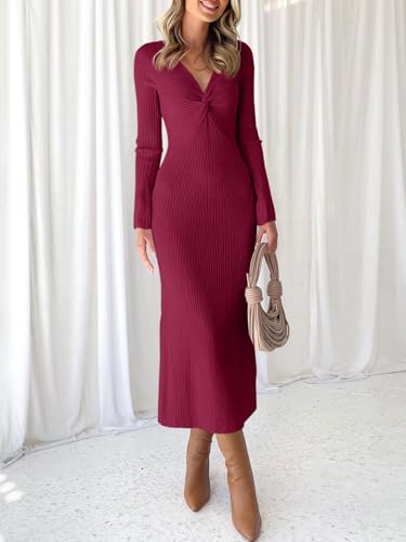 Image of RAISECOM Women Sweater Dress Long Sleeve V Neck Knit Bodycon Midi Dress
