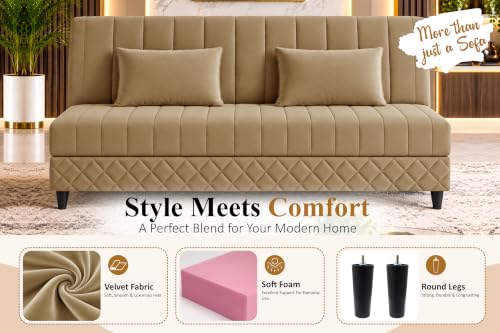 Image of Three Seater Velvet Sofa Cum Bed, Tufted Convertible Sleeper Couch, Space-Saving Design, Comfortable Cushioned Seating - Golden