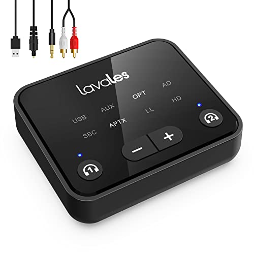 Lavales Bluetooth 5.3 Transmitter for TV to 2 Wireless Headphones/Speakers, Bluetooth Adapter for TV, Volume Control, AUX/RCA/Optical Audio Inputs, Plug n Play, aptX Low Latency & HD