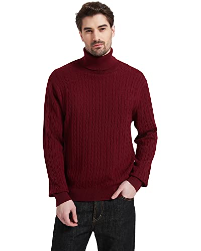 Kallspin Men's Turtle Neck Sweaters Cashmere Wool Blended Lightweight Cable Knit Long Sleeve Pullovers(Burgundy Red Large) #TOP2