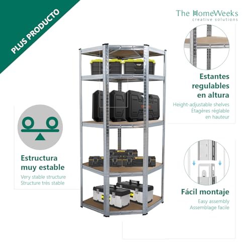 The Homeweeks Estantería Almacenaje Esquinera Angular Metálica 180 * 70 * 40cm | Galvanizada Modular | 5 Baldas MDF | Montaje Suelo | sin Tornillos System Click & Push | Multiposición - imagen 3